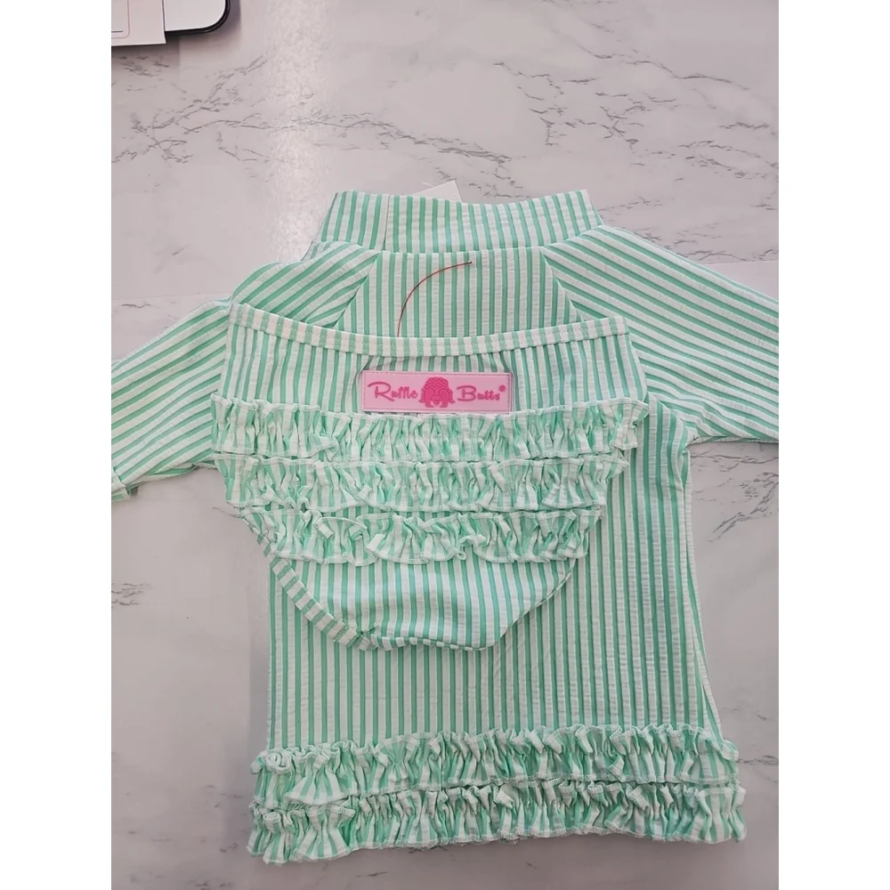 Ruffle Butts Seersucker Long Sleeve Swimsuit Baby Girls 6-12 Months